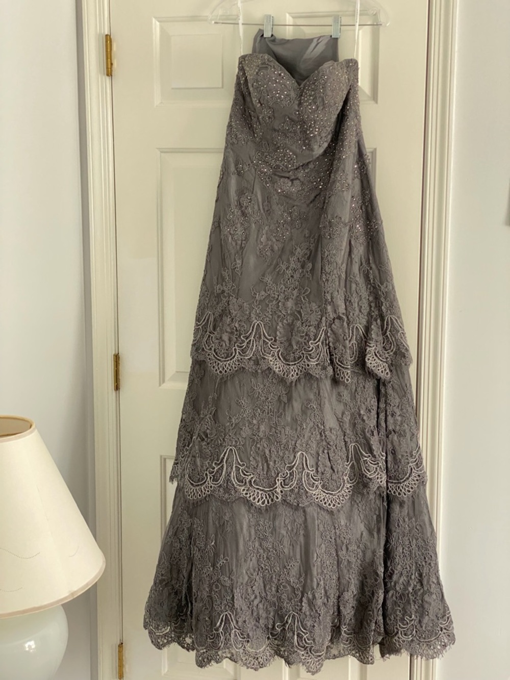 Strapless Gray Lace Beaded Gown